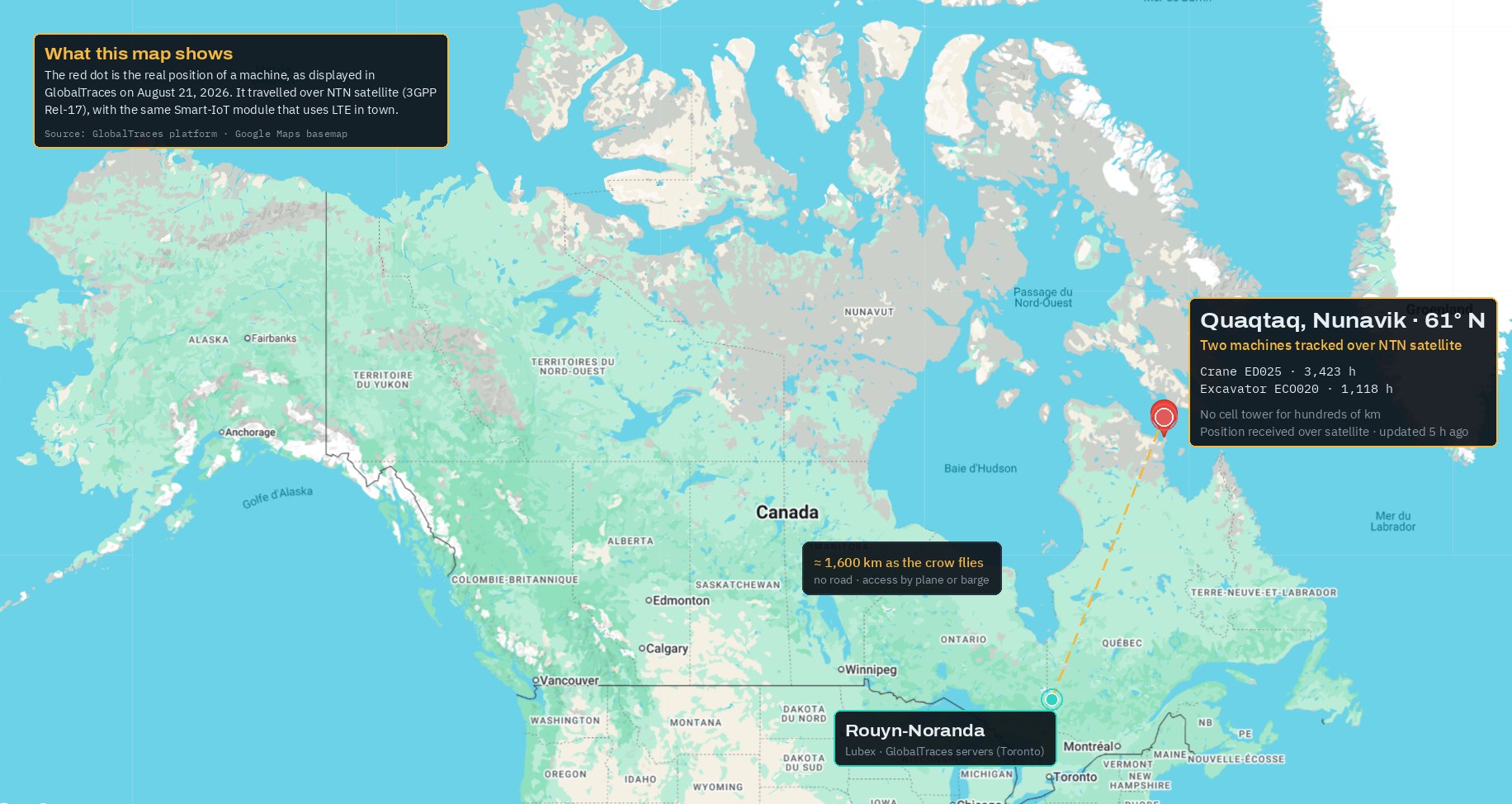 Annotated map of Canada: Quaqtaq at 61° N, 1,600 km from Rouyn-Noranda