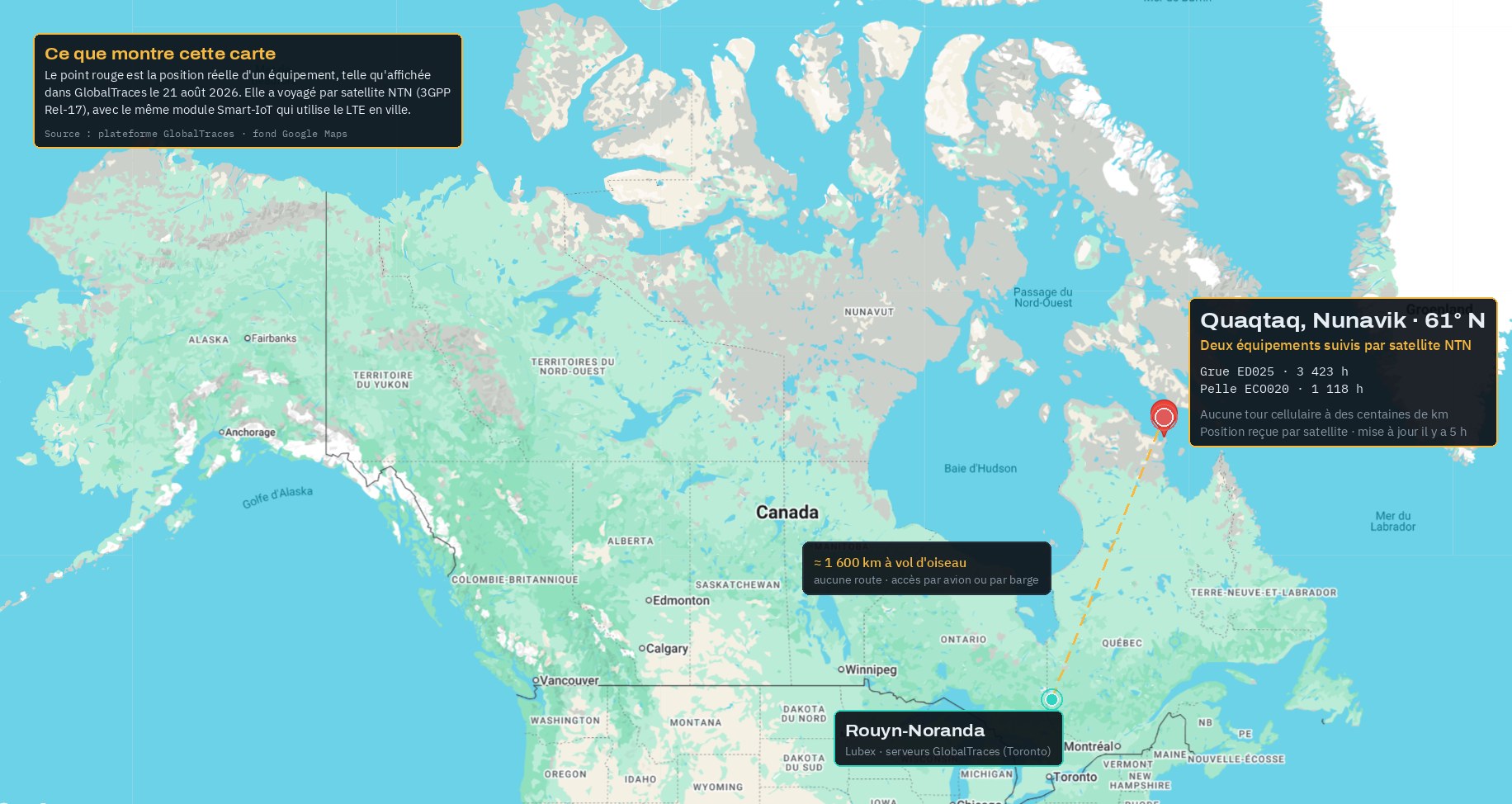 Carte du Canada annotée : Quaqtaq à 61° N, 1 600 km de Rouyn-Noranda